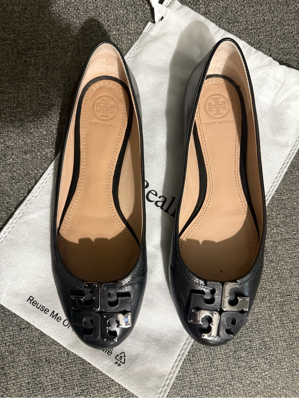 Tory Burch Black Leather Logo Toe Ballet Flats